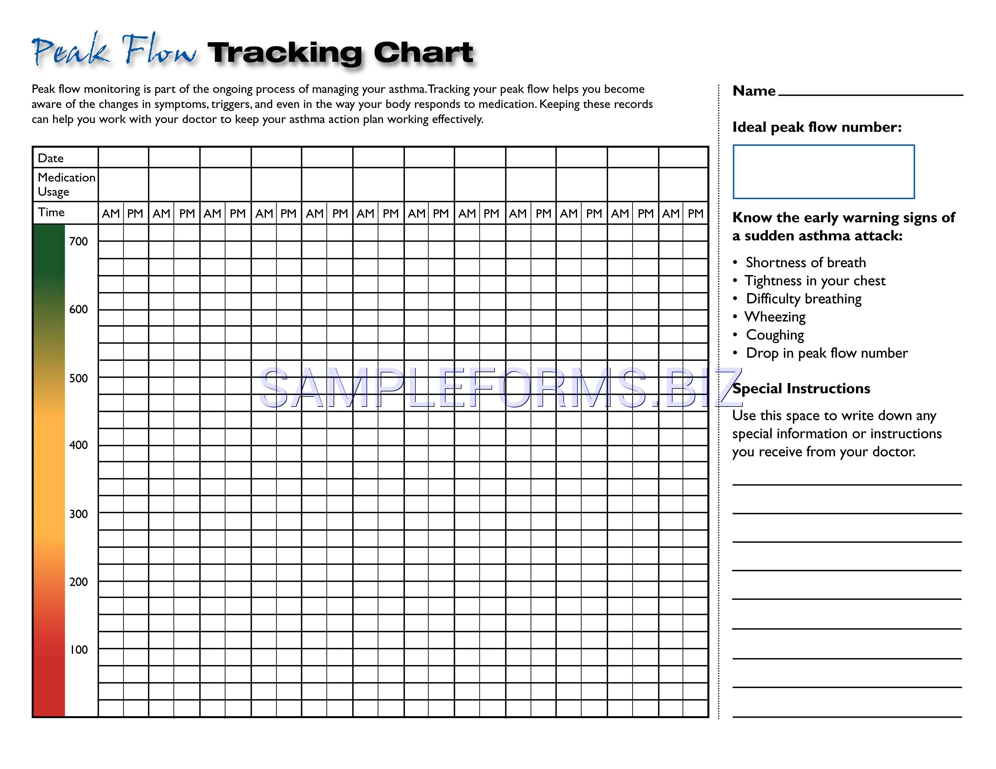 Preview free downloadable Peak Flow Tracking Chart in PDF (page 1)